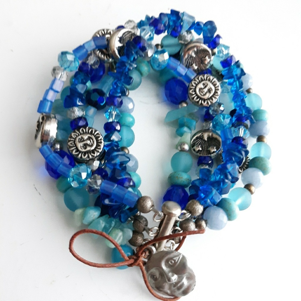 Artisan Made Blue Beaded Sun & Moon Bracelet